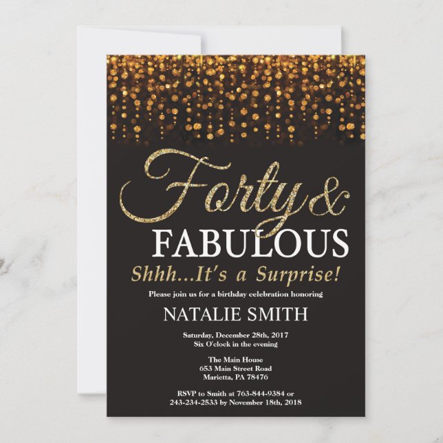 Surprise 40th Birthday Forty and Fabulous Gold Invitation (Front)