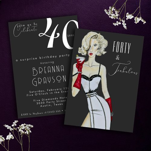 Surprise 40th Birthday Forty and Fabulous Pin Up Invitation