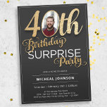 Surprise 40th Birthday Gold Black Custom Photo Invitation<br><div class="desc">Surprise 40th Birthday Gold Black Custom Photo Invitation. This invitation features a sleek design with clear, easy-to-read text, ensuring that all the important details are conveyed effortlessly. The addition of faux foil accents in dazzling gold against a backdrop of black creates a striking visual effect, adding a touch of luxury...</div>