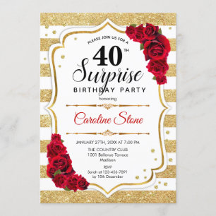 Surprise 40th Birthday - Gold White Red Invitation