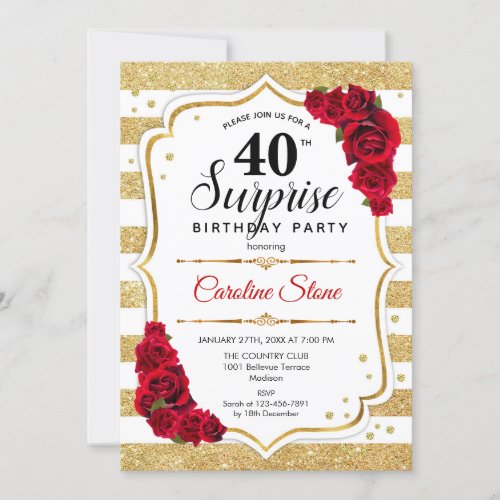 Surprise 40th Birthday _ Gold White Red Invitation