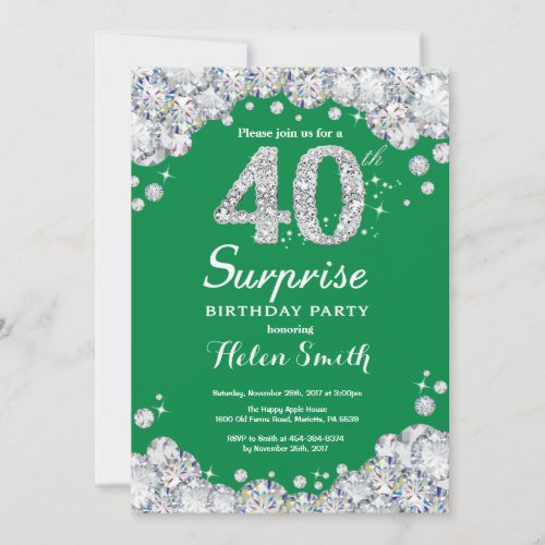 Surprise 40th Birthday Green and Silver Diamond Invitation