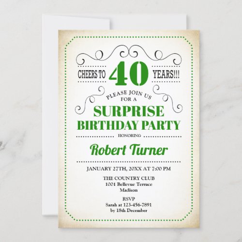 Surprise 40th Birthday _ Green White Black Invitation
