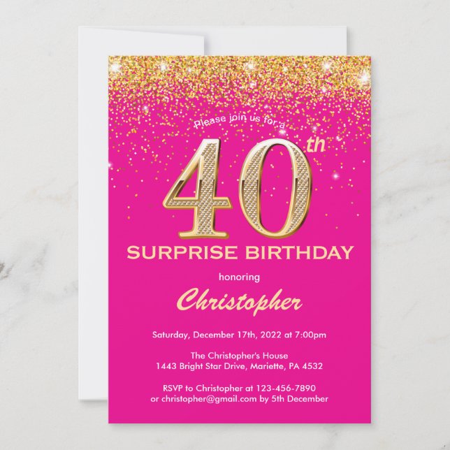 Surprise 40th Birthday Hot Pink and Gold Glitter Invitation (Front)