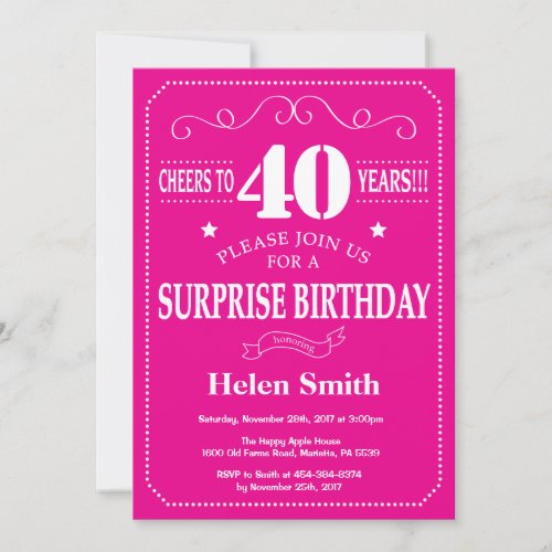 Surprise 40th Birthday Hot Pink and White Invitation