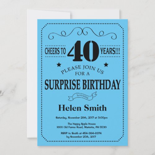 Surprise 40th Birthday Invitation Black and Blue