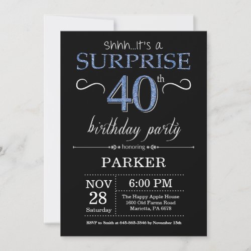 Surprise 40th Birthday Invitation Black and Blue