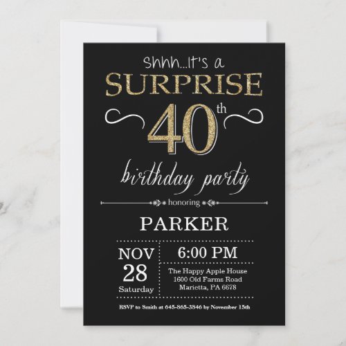 Surprise 40th Birthday Invitation Black and Gold