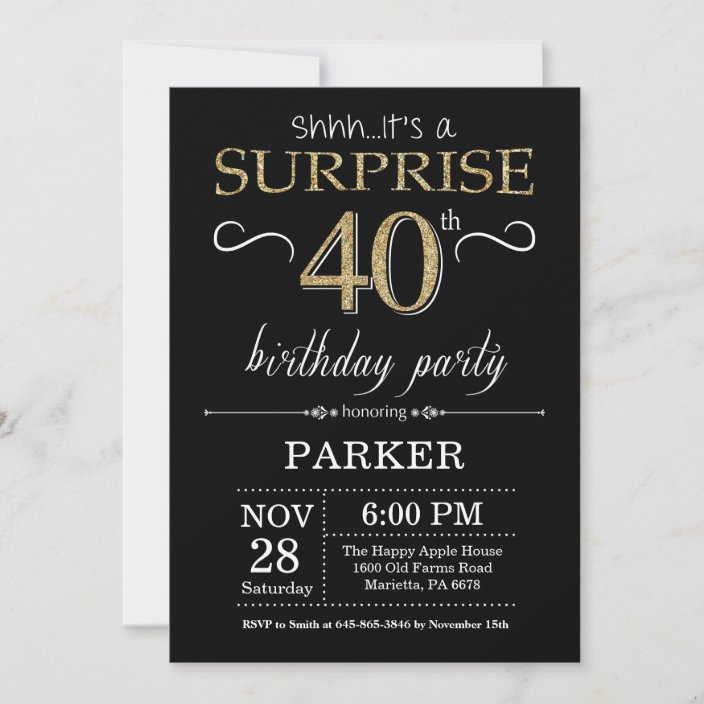 Surprise 40th Birthday Invitation Black and Gold | Zazzle.com