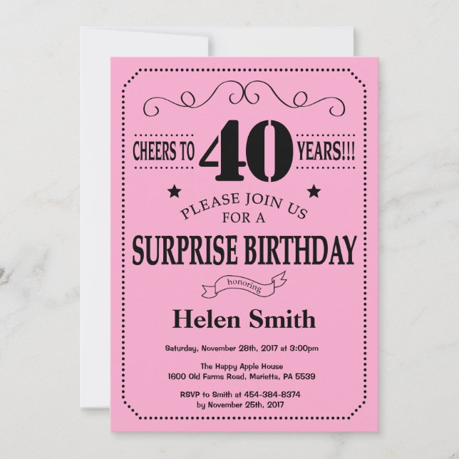 Surprise 40th Birthday Invitation Black and Pink (Front)