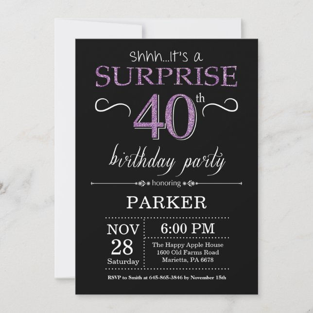 Surprise 40th Birthday Invitation Black and Purple (Front)