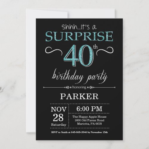 Surprise 40th Birthday Invitation Black and Teal
