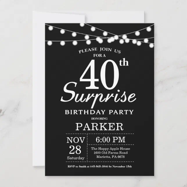 Surprise 40th Birthday Invitation Black and White | Zazzle