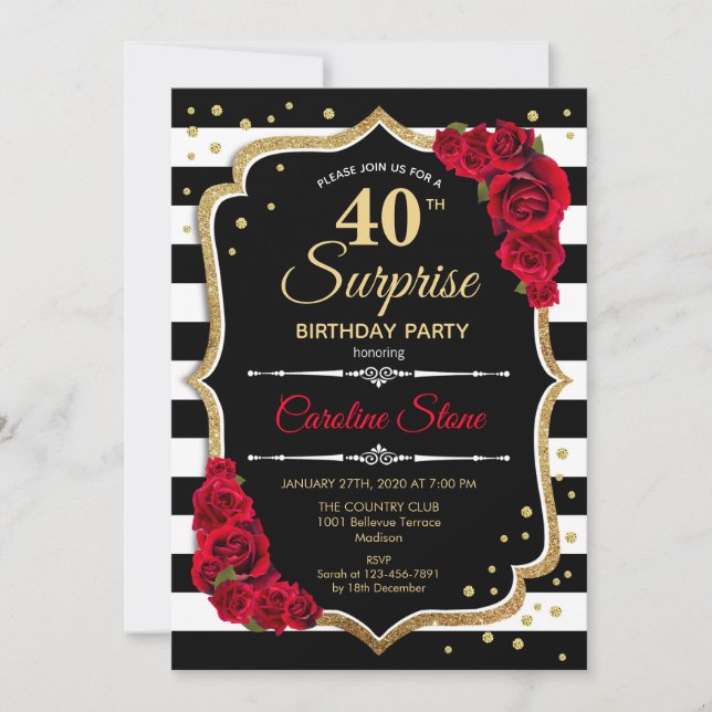 Surprise 40th Birthday Invitation Black White Red (Front)