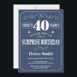 Surprise 40th Birthday Invitation Blue and White<br><div class="desc">Surprise 40th Birthday Invitation Blue and White Typography. Blue Background. Adult Birthday. Male Men or Women Birthday. Kids Boy or Girl Lady Teen Teenage Bday Invite. 13th 15th 16th 18th 20th 21st 30th 40th 50th 60th 70th 80th 90th 100th. Any Age. For further customization, please click the "Customize it" button...</div>
