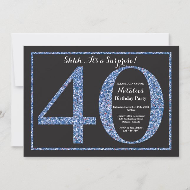 Surprise 40th Birthday Invitation Blue Glitter (Front)