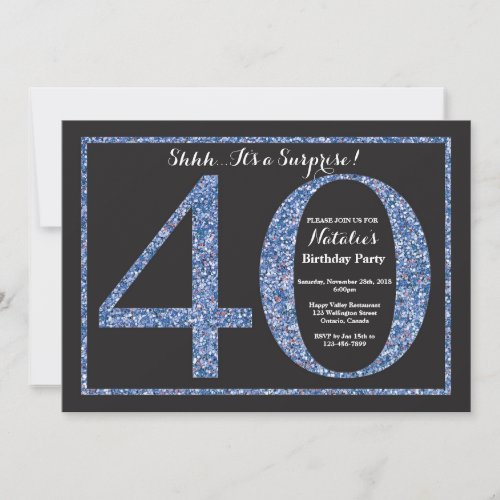 Surprise 40th Birthday Invitation Blue Glitter