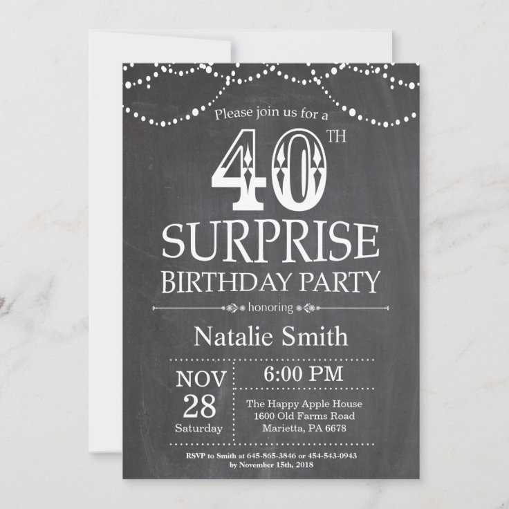 Surprise 40th Birthday Invitation Chalkboard | Zazzle