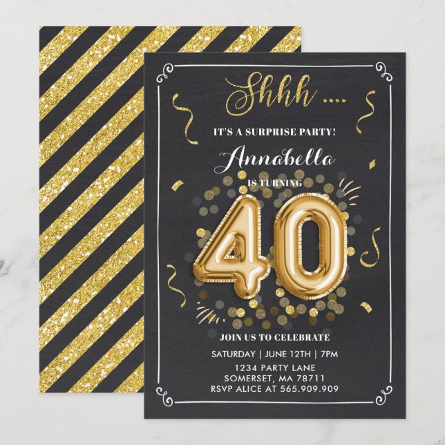 Surprise 40th Birthday Invitation Gold Chalkboard (Front/Back)
