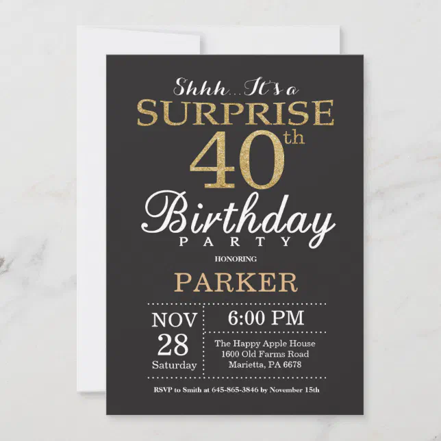 Surprise 40th Birthday Invitation Gold Glitter | Zazzle