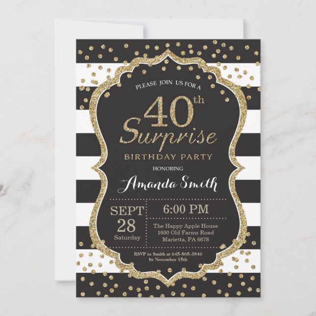 Surprise 40th Birthday Invitation. Gold Glitter Invitation (Front)