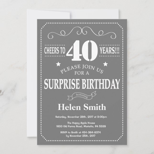 Surprise 40th Birthday Invitation Gray and White (Front)