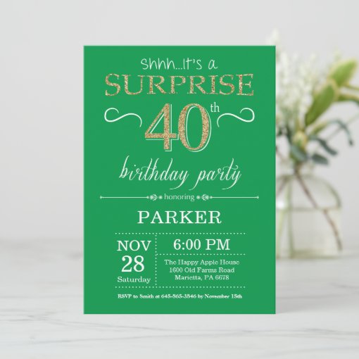 Surprise 40th Birthday Invitation Green and Gold | Zazzle