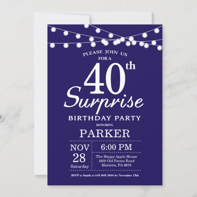 Surprise 40th Birthday Invitation Navy Blue (Front)