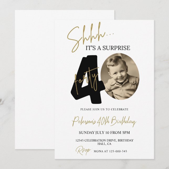 Surprise 40th Birthday Invitation Photo Adult Bday (Front/Back)