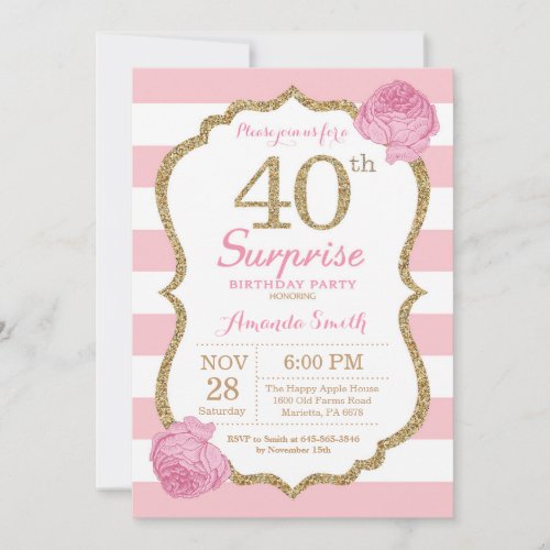 Surprise 40th Birthday Invitation Pink and Gold