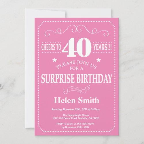 Surprise 40th Birthday Invitation Pink and White