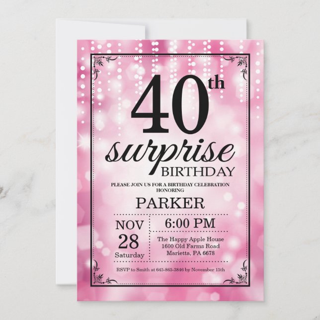 Surprise 40th Birthday Invitation Pink Glitter (Front)