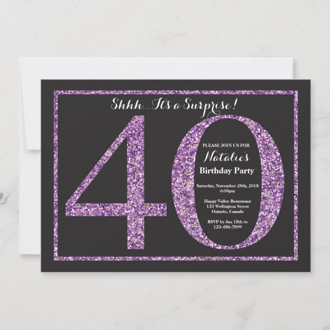Surprise 40th Birthday Invitation Purple Glitter (Front)