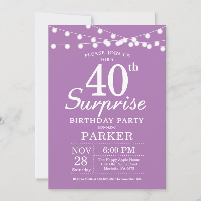 Surprise 40th Birthday Invitation Purple Lavender (Front)