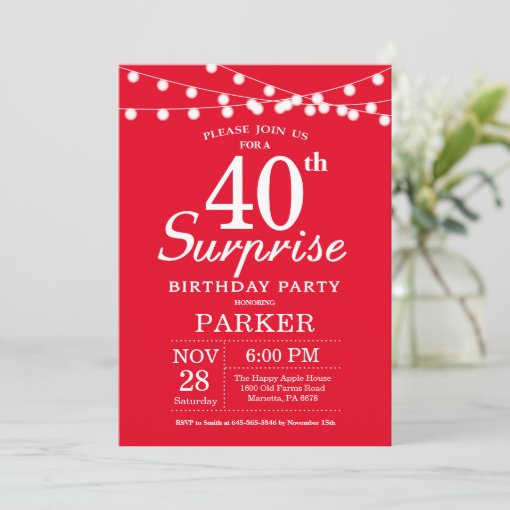 Surprise 40th Birthday Invitation Red | Zazzle