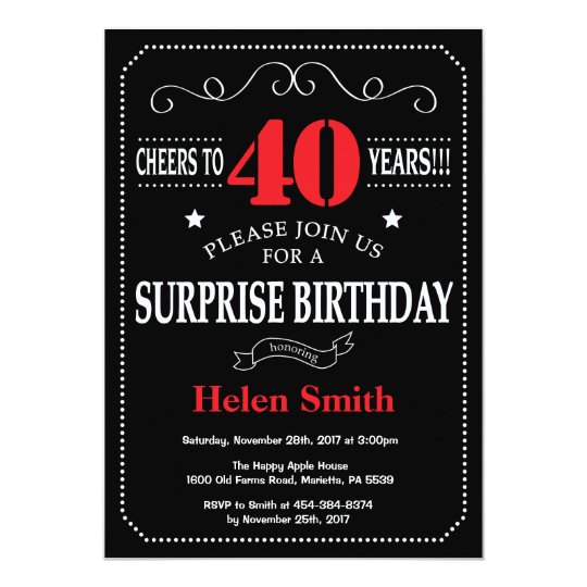 Surprise 40th Birthday Invitation Red And Black Zazzle Surprise 40th Birthday Invitation Red And Black