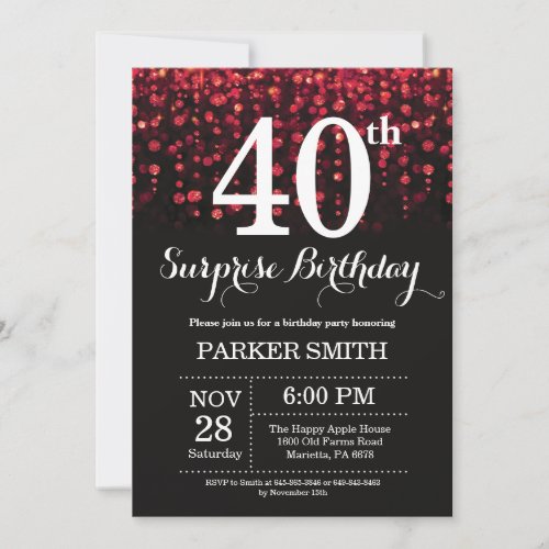 Surprise 40th Birthday Invitation Red Glitter