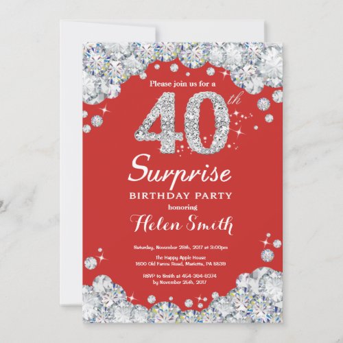 Surprise 40th Birthday Invitation Silver Diamond