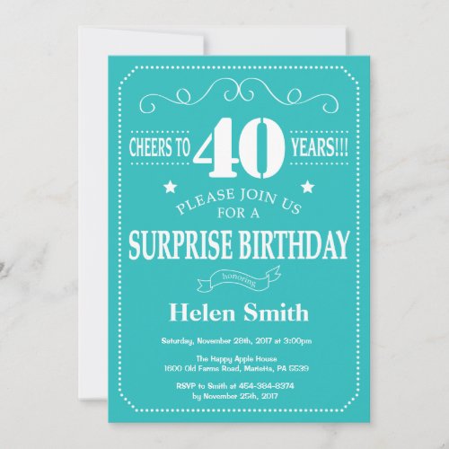 Surprise 40th Birthday Invitation Teal and White