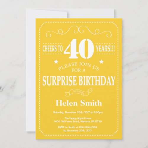 Surprise 40th Birthday Invitation Yellow and White