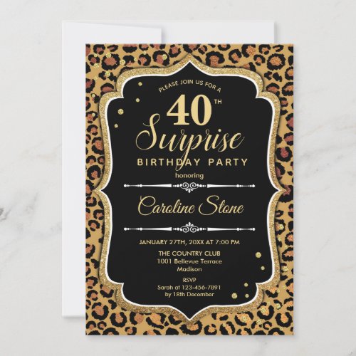 Surprise 40th Birthday _Leopard Black Gold Invitation