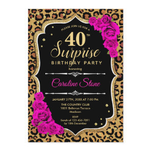 Surprise 40th Birthday -Leopard Black Gold Pink Invitation