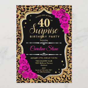 Surprise 40th Birthday -Leopard Black Gold Pink Invitation