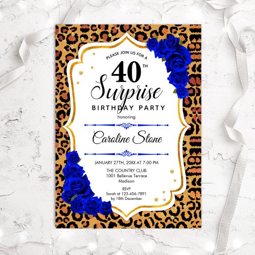 Surprise 40th Birthday _ Leopard Gold Royal Blue Invitation