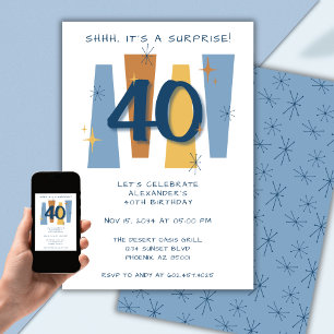 Surprise 40th Birthday Midcentury Modern Blue Invitation