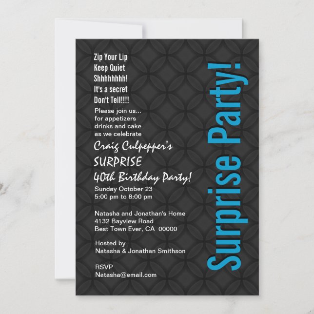 SURPRISE 40th Birthday Modern Black Blue Z521 Invitation (Front)