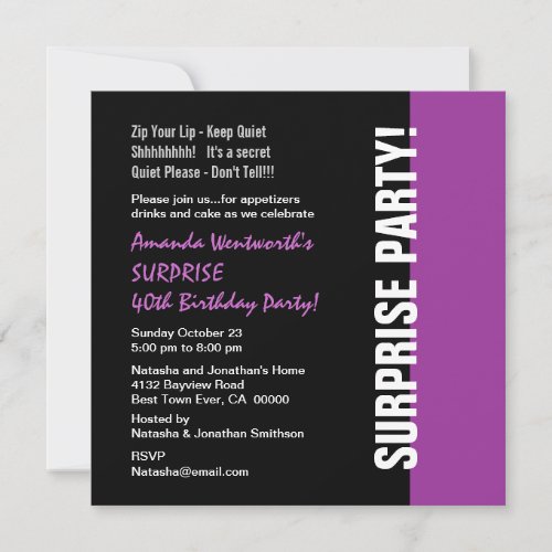 SURPRISE 40th Birthday Modern Black Purple W1466 Invitation