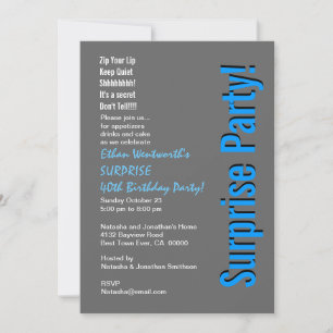 SURPRISE 40th Birthday Modern Gray and Blue Invitation