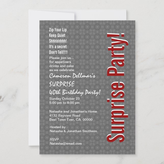 SURPRISE 40th Birthday Modern Gray and Red H431 Invitation (Front)
