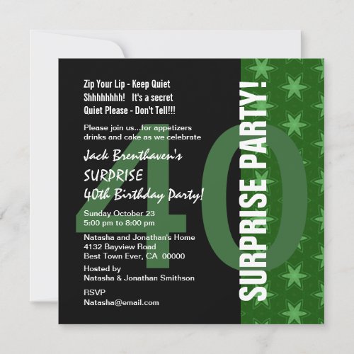 SURPRISE 40th Birthday Modern Green Stars G320 Custom Invites